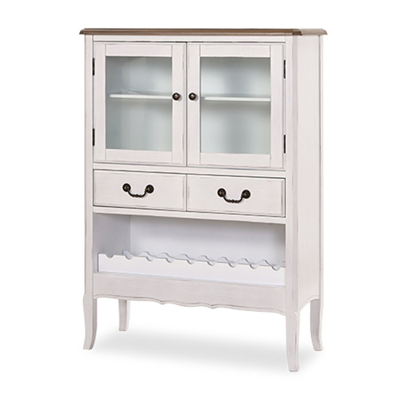  Bar vintage en bois blanc avec portes en verre et porte-verres à pied