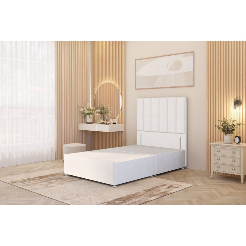 Asterin Divan Bed Base with 54" Floor Standing Headboard Plush Velvet, Small Double (4'), White, No Drawers