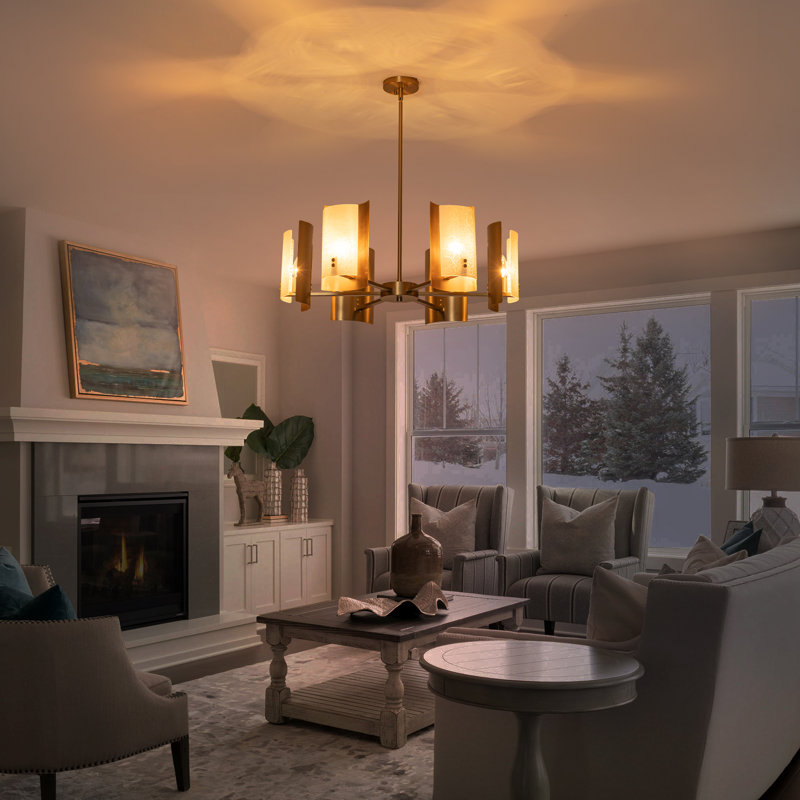 Lustre 6 lumières de luxe moderne en or brossé avec abat-jour en verre craquelé blanc, suspension à roulettes à hauteur réglable de 30 po pour le vestibule du salon, compatible avec les plafonds inclinés, homologué ETL