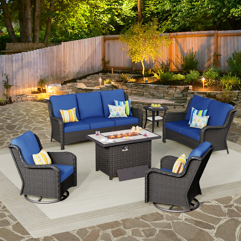 Ilkeston 7 - Person Outdoor Seating Group with Cushions, Brown, Navy