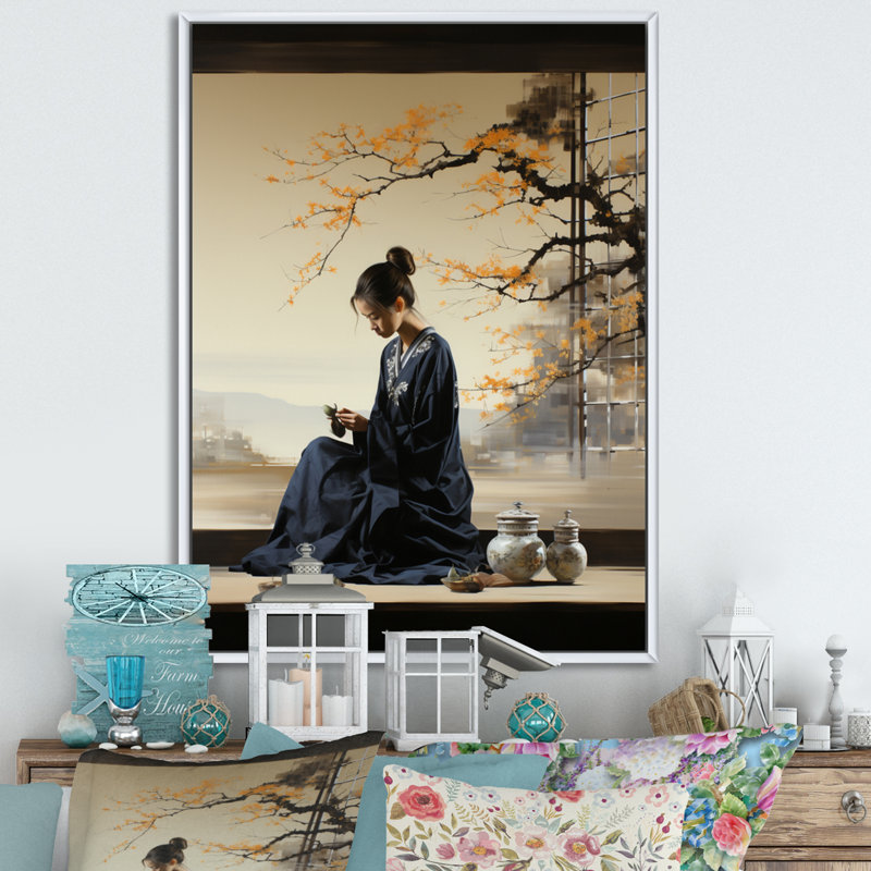 Porush Japon Art Tea Cerémonie IV - impression, Cadre flottant blanc, H 44 po x l 34 po x P 1,5 po