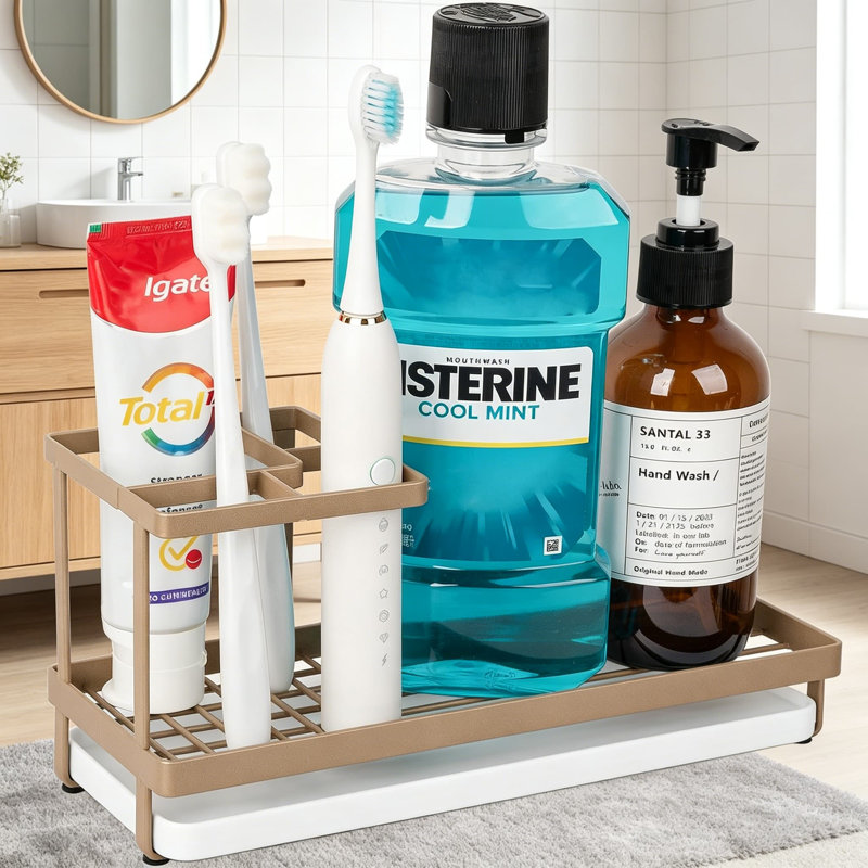 Organisateur de porte-brosse à dents de salle de bain avec plateau d'égouttement amovible, conception à plusieurs compartiments pour brosses à dents électriques, dentifrice et articles essentiels, fabrication en acier au carbone résistant à la rouille