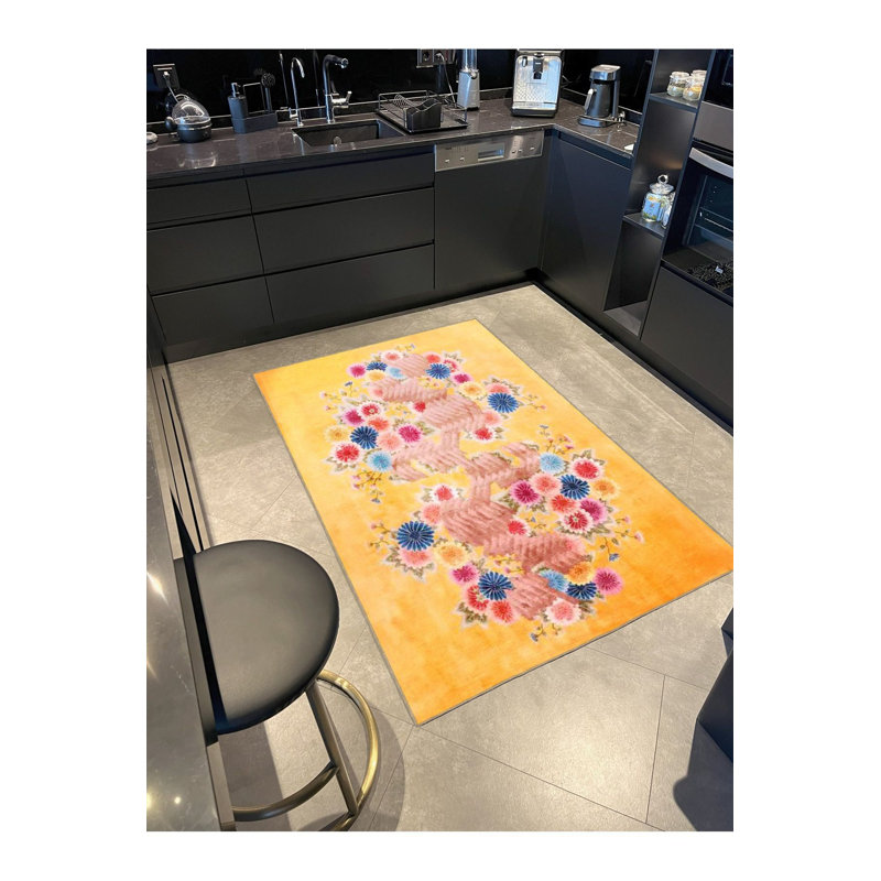 Tapis lavable décoratif moderne multicolore à motif floral jaune, Sous-tapis rectangulaire 4 pi 7 po x 6 pi 7 po inc
