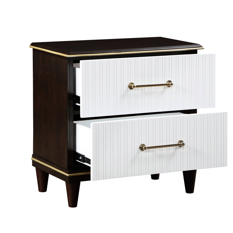 Table de chevet 2 tons avec garniture dorée pour la chambre à coucher - 2 tiroirs, style contemporain blanc cerise et tiroirs