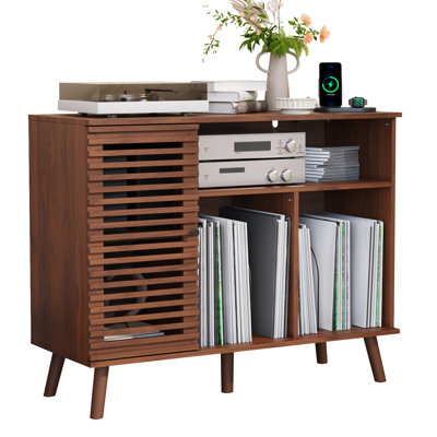 Record Player Stand With Charging Station, Mid-century Turntable Stand With Slatted Doors, 40" W Record Player Table Holds Up To 350 Albums Vinyl Storage Display Shelf For Living Room, Walnut
