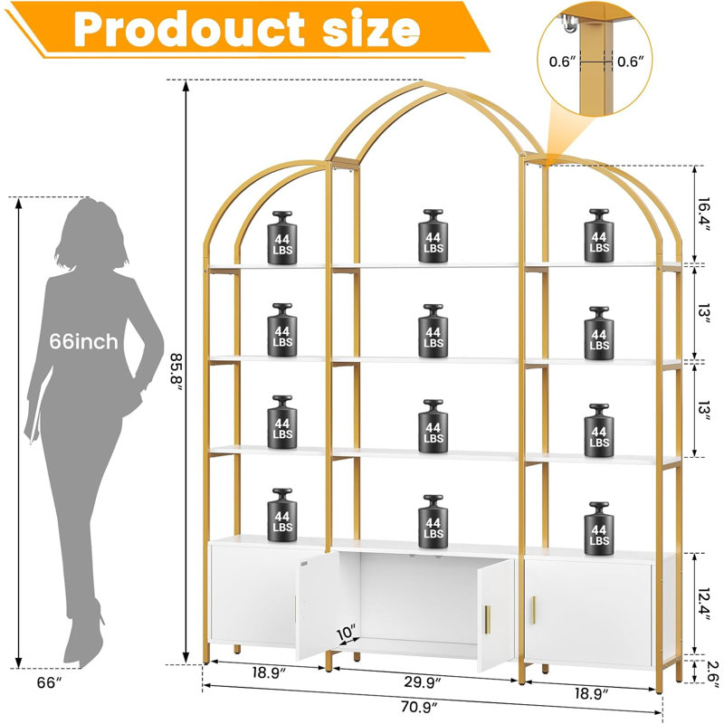 Arched Bookshelves and Bookcases: Triple Wide 5-Tier Large Open Bookshelf, White/Gold