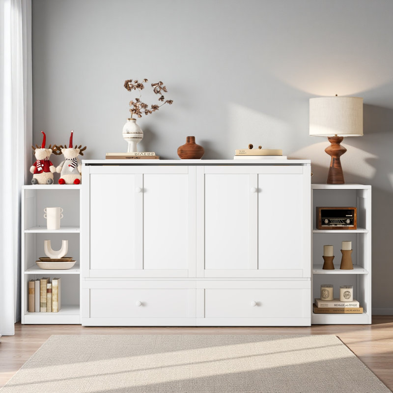 Lit escamotable double avec tiroirs et tablettes de rangement spacieux. Idéal pour les chambres d'amis ou les chambres compactes