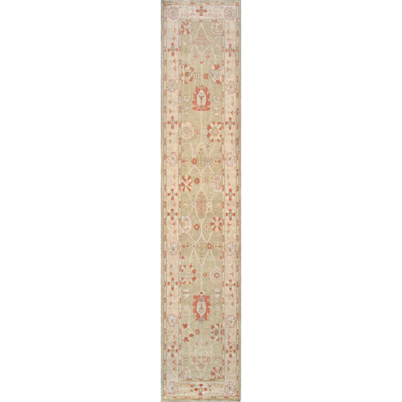 Tapis vert en laine noué à la main Oushak - 3 pi 3 po x 16 pi 9 po