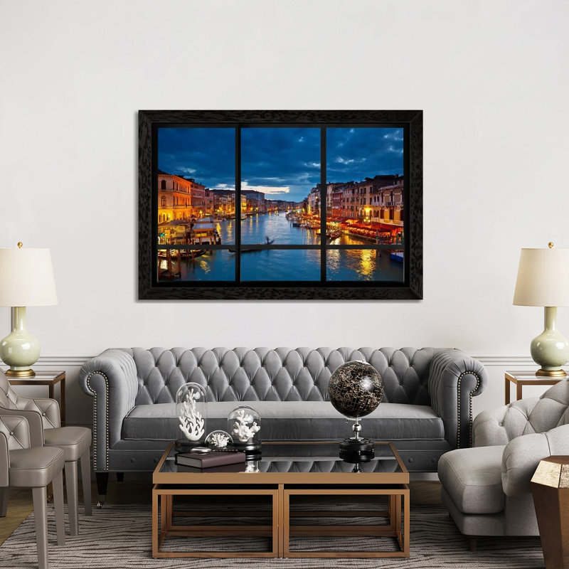 Venice City Skyline Window View - Print on Canvas, Black Floater Framed, 152.5 cm H x 101.5 cm W