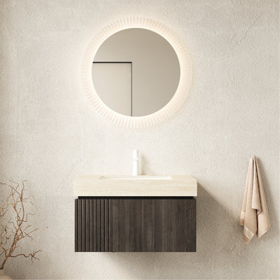 Meuble-lavabo de salle de bain 30 po avec lavabo, tiroir et porte d'armoire en contreplaqué, plateau en pierre frittée, trou de robinet simple en céramique, trou de rangement pré-assemblé