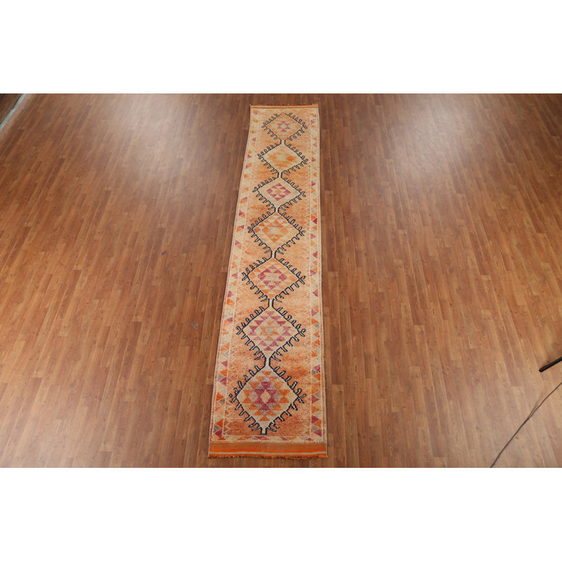 Orange Geometric Oushak Oriental Runner Rug 3x13