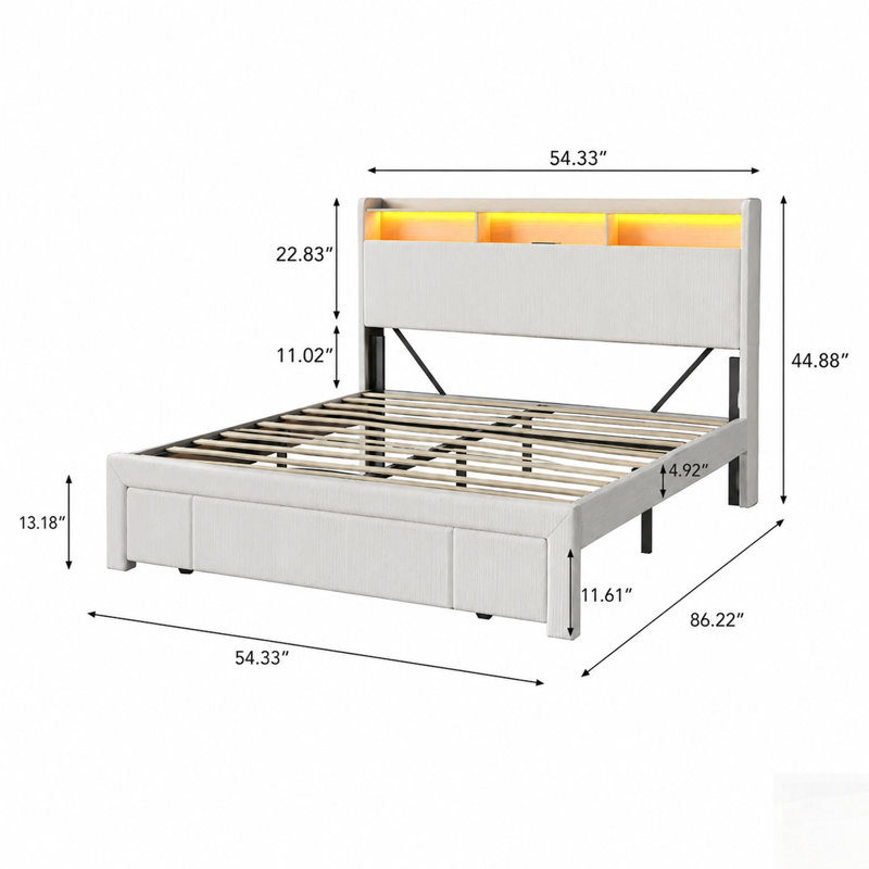 Upholstered Bed with Drawers, Storage Headboard, Metal Support, LED and USB Charging, Silent Design, Beige, Full / Double