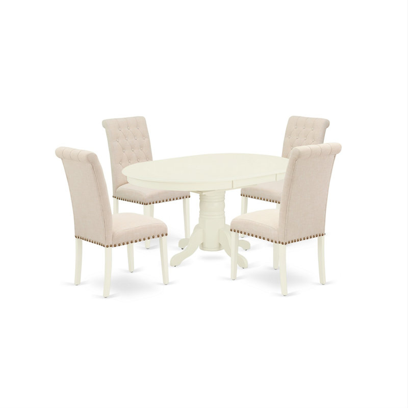 Ensemble de table de salle à manger 7 pièces composé d'une table de salle à manger ovale avec rallonge papillon et 6 chaises Parson en tissu de lin beige clair, lin blanc