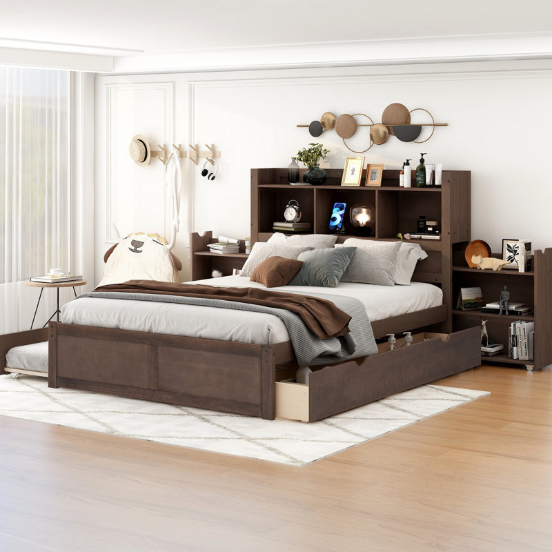 Lit plateforme double avec finition, 2 tiroirs, lit gigogne simple et tablettes coulissantes - caractéristique de la tablette en bois massif