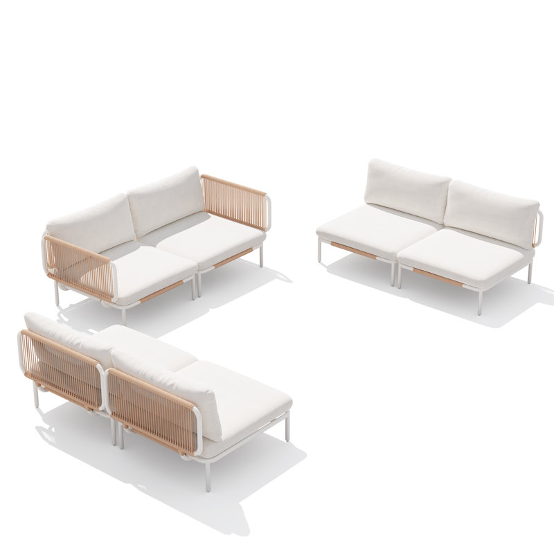 Canapé modulaire d'extérieur 100,4 po en métal, Coussin beige / structure blanche