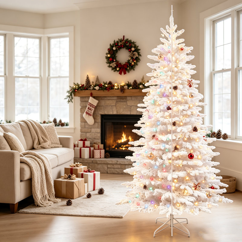 Arbre de Noël artificiel enneigé 7,5 pi avec des branches réalistes et un support en métal robuste pour la décoration des Fêtes