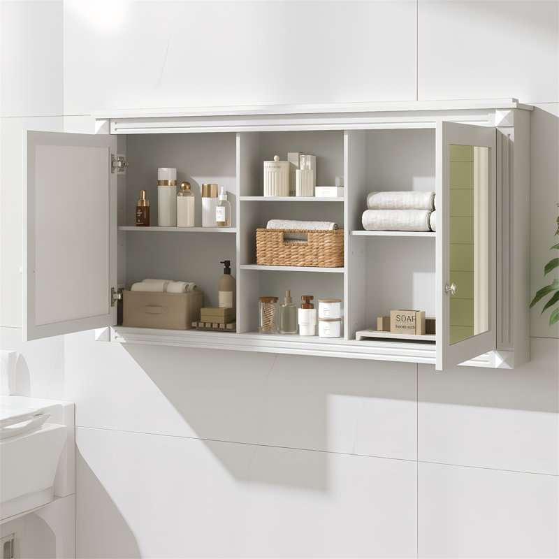Armoire à pharmacie 55 po 2 en 1 avec 2 portes en miroir HD, charnières à fermeture douce et tablette intérieure réglable, 55 po