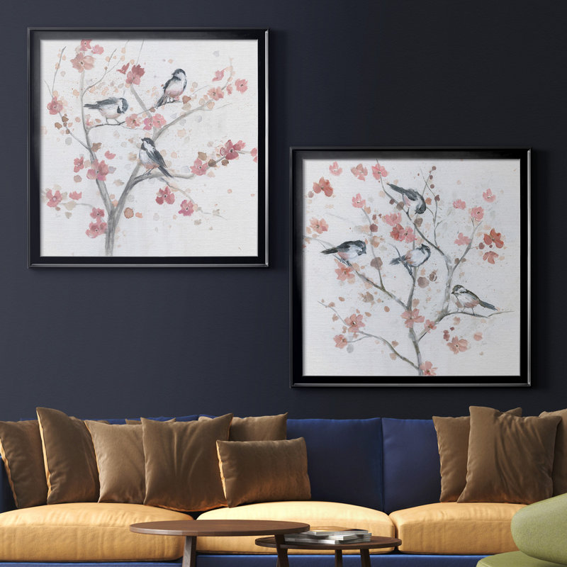 «Chickadees in Spring I», ensemble de 2 reproductions d'art encadrées, H 17,5 po x l 35 po x P 1,5 po, Toile avec cadre noir
