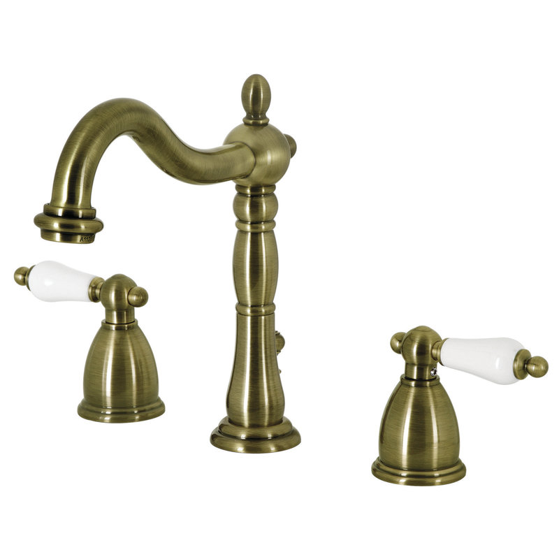 Kingston Brass Heritage Two-Handle 3-Hole Deck Mount Widespread Bathroom Faucet with Pop-Up Drain, Antique Brass