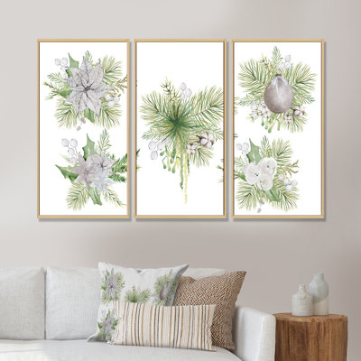 Bouquet de fleurs de Noël avec coton, branches III - reproduction de cadre flottant 3 pièces sur toile