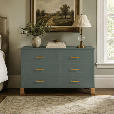 6-Drawer Double Dresser with Metal Handles and Solid Wood Legs, Modern Storage Cabinet for Kids Bedroom
