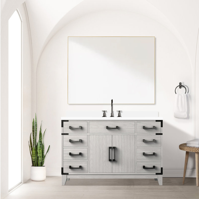 Meuble-lavabo simple en chêne blanc 48 po Avec surface en marbre, robinet inclus, miroir de 46 po pour salle de bain au design sophistiqué 48 po x 22 po, bureau de culture, pièce moderne de 46 po