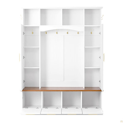 4-IN-1 Elegant Hall Tree with Golden Hooks & Handles, Practical Entryway Bench with Adjustable Shelves, 76.7"H Farmhouse Wooden Style Coat & Shoe Rack