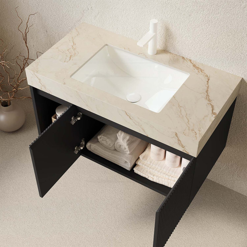 Meuble-lavabo flottant 36 po avec comptoir en pierre frittée crème et cuve en céramique or, Beige+Gold,Black