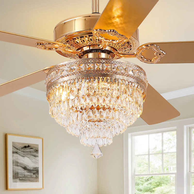 Ventilateur de plafond d'intérieur à 5 pales en cristal avec télécommande et lumière, Or, 62 po de largeur