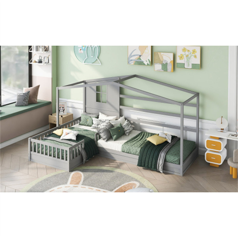 Wood House Bed, Gray