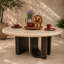 Chiseled Cream Travertine Dining Table | Wrought Iron Base, Outdoor Patio Furniture