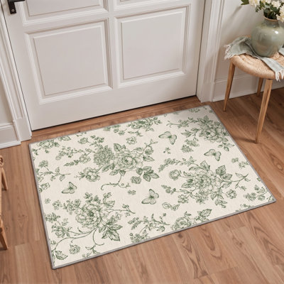 Tapis de porte antidérapant, lavable, à poils courts, imprimé animal, ivoire/vert