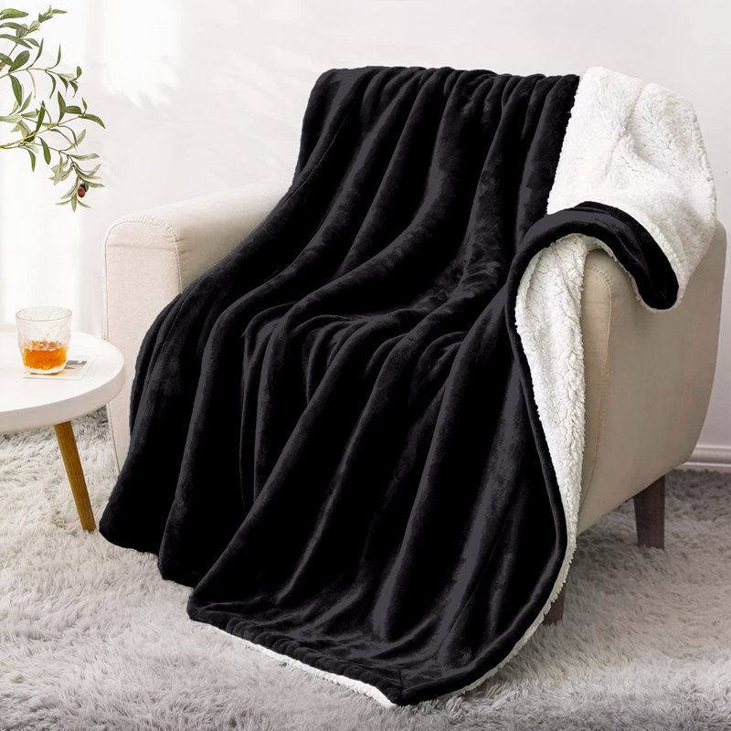 Sherpa Fleece Fur Thick Reversible Blanket Throw, Black, 240cm x 200cm