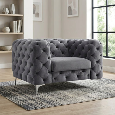 Willa 48" Wide Tufted Polyester / Velvet Chesterfield Accent Chair with Black / Chrome Legs
