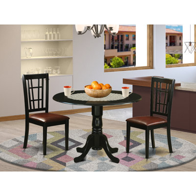 5 Piece Modern Dining Table Set Includes a Round Wooden Table with Dropleaf and 4 Linen Fabric Kitchen Dining Chairs, 42x42 Inch, Black