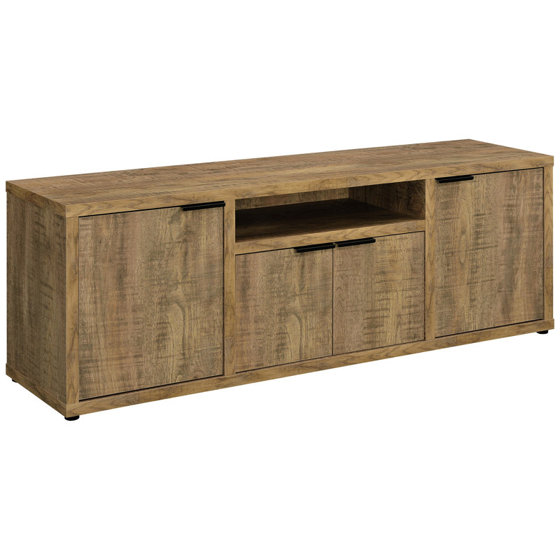 - Meuble télé de style 60 pouces, bois d'ingénierie au fini manguier, quatre armoires, tablette centrale pour consoles