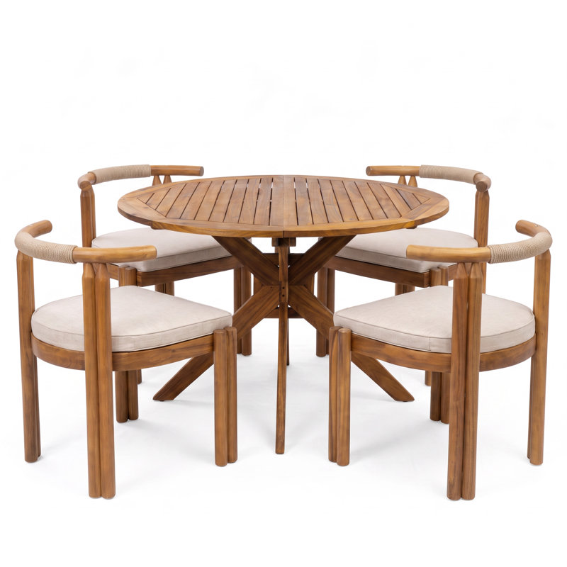 Cagnie Scandinavian Minimalist Acacia Wood Outdoor Dining Set With Armless Cushioned Chairs And Round Slat Table