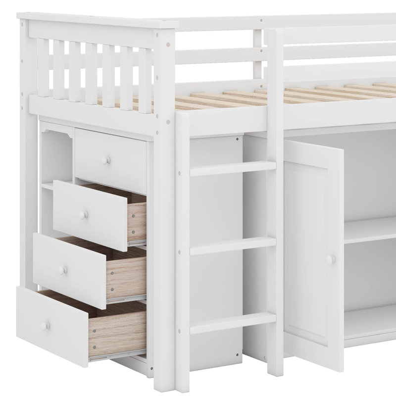 Lit mezzanine simple avec tiroir, armoire et bureau coulissant, Blanc