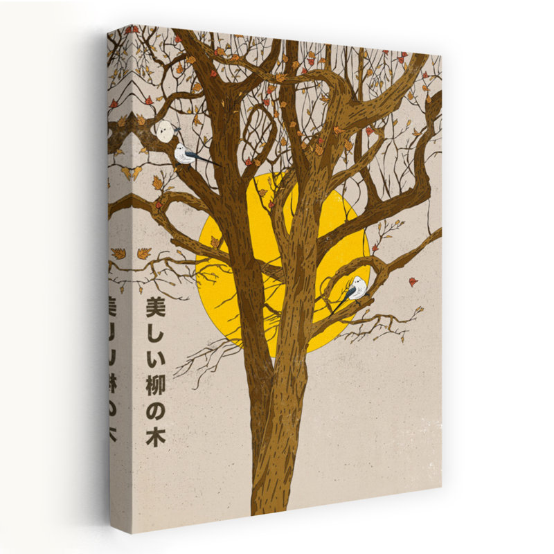 Contemporary Art Peaceful Retro Serene Bird Willow Nature Tree Wall Art by Nicholas - Wrapped Canvas Print