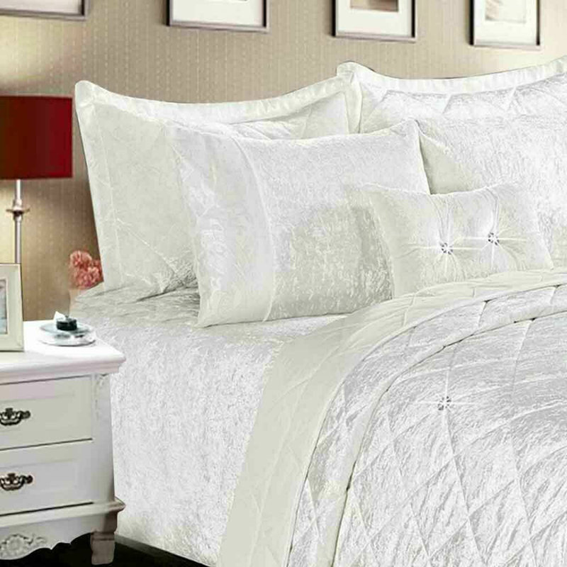 Santiago Crushed Velvet Bedspread Set Premium Soft Microfiber Reverse and Standard Pillow Shams, White