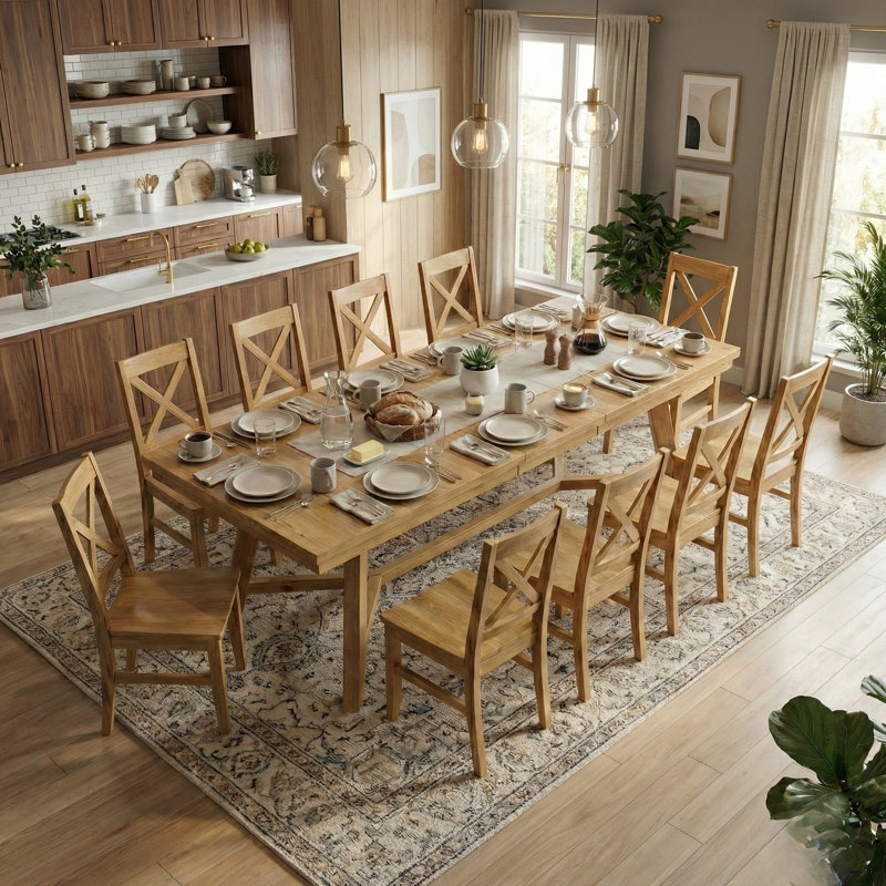 Oaklyn Modern Extendable Rectangular Dining Table Set, Light Yellow Wood, 11 Pieces: Table, 10 Chairs