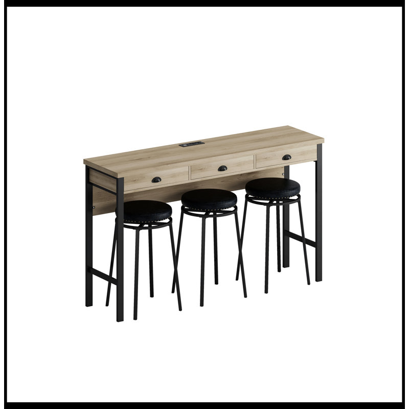 Ensemble de table de salle à manger 3 tiroirs avec prises de courant, ensemble de table de bar avec tabourets circulaires en polyuréthane