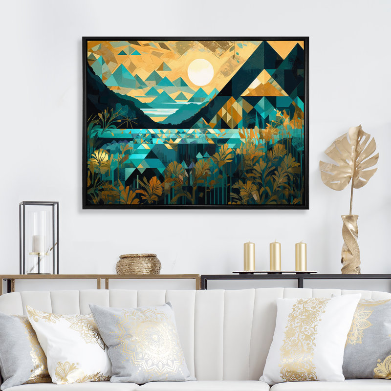Bleu sarcelle et turquoise, paysages symétriques, reproduction sur toile, H 12 po x l 20 po x P 1 po, Cadre flottant noir