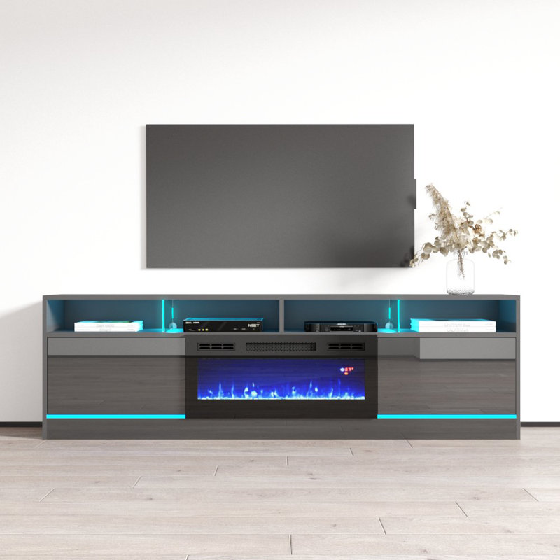 Alexin 78.7" Modern TV Stand with Electric Fireplace, High Gloss Finish, Media Storage, Gray/Black