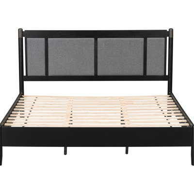 Solid Wood King Bed, Black Upholstered Headboard, Metal Handles, 600 Lbs Heavy - Duty, 81 Inches Long, 77 Wide, Contemporary Design Bed With Duty Support, Headboard Dark Grey Panel, Inch Length,