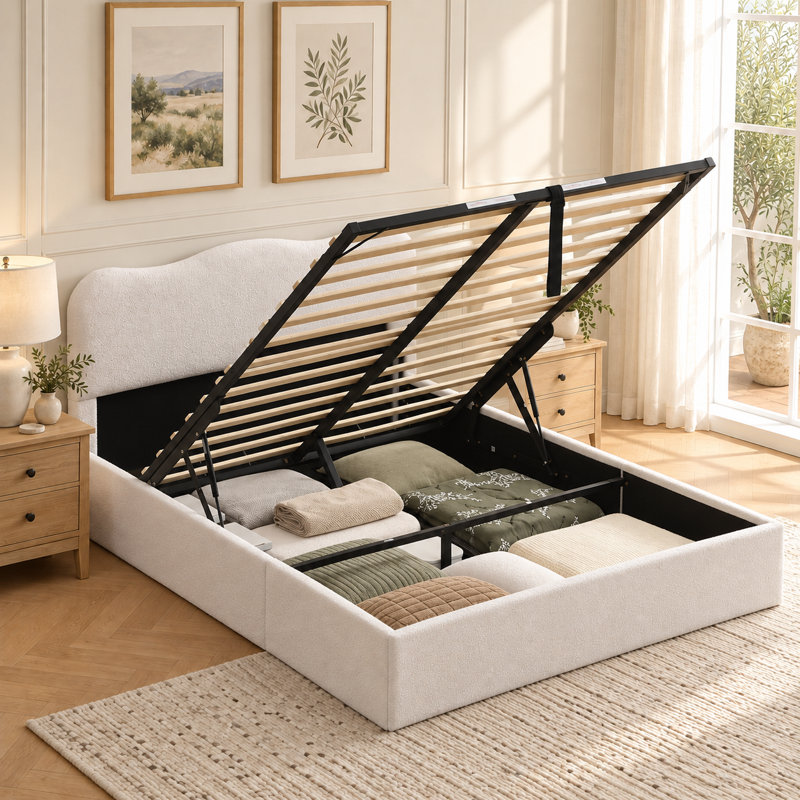 Lit plateforme tapissier Hayden, Lit double, Blanc