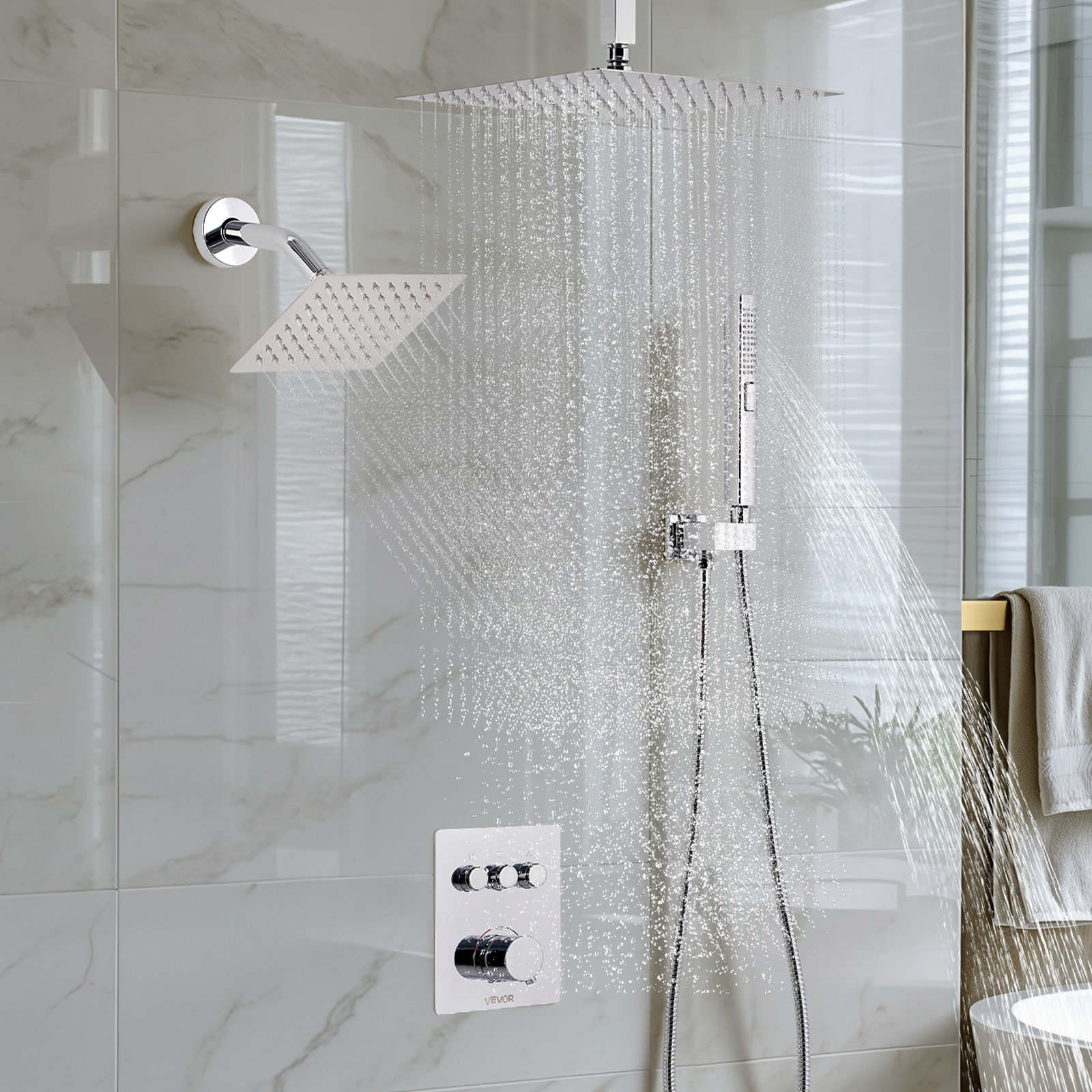 VEVOR Shower Faucet Set, 12 Inch Thermostatic Ceiling Mount Rainfall ...