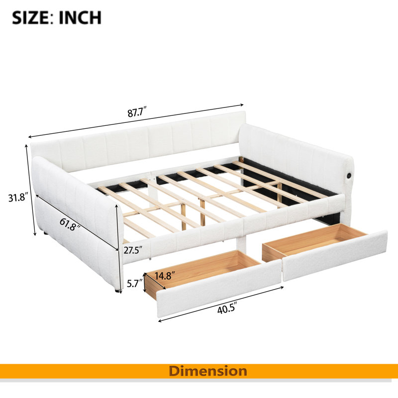 Grand lit plateforme tapissier avec port USB et 2 tiroirs, Blanc