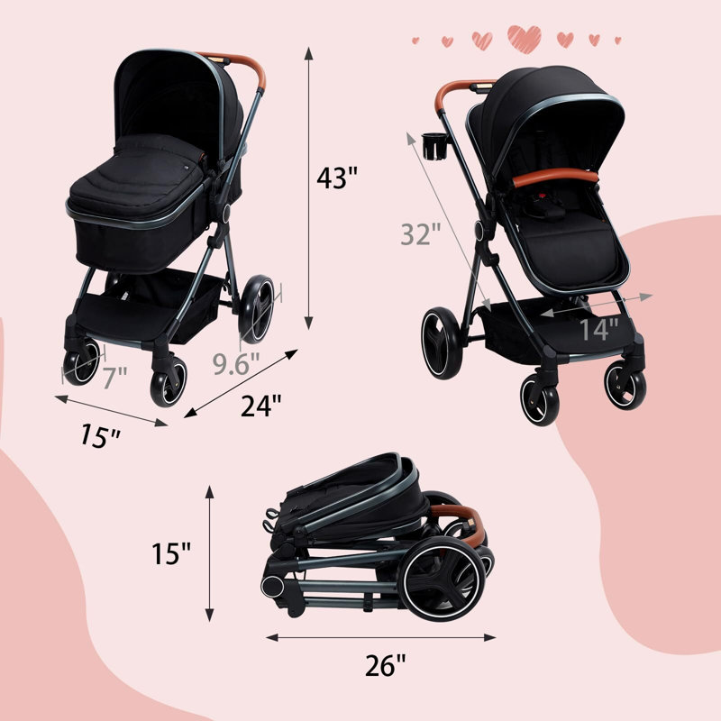 Poussette convertible pour bébé, poussette réversible 3 en 1 pour nouveau-né, Noir