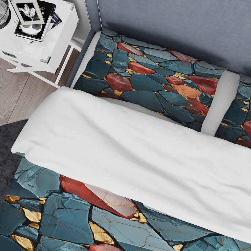 Ensemble de housse de couette en marbre jaune et rouge, Housse de couette pour grand lit et 2 taies décor
